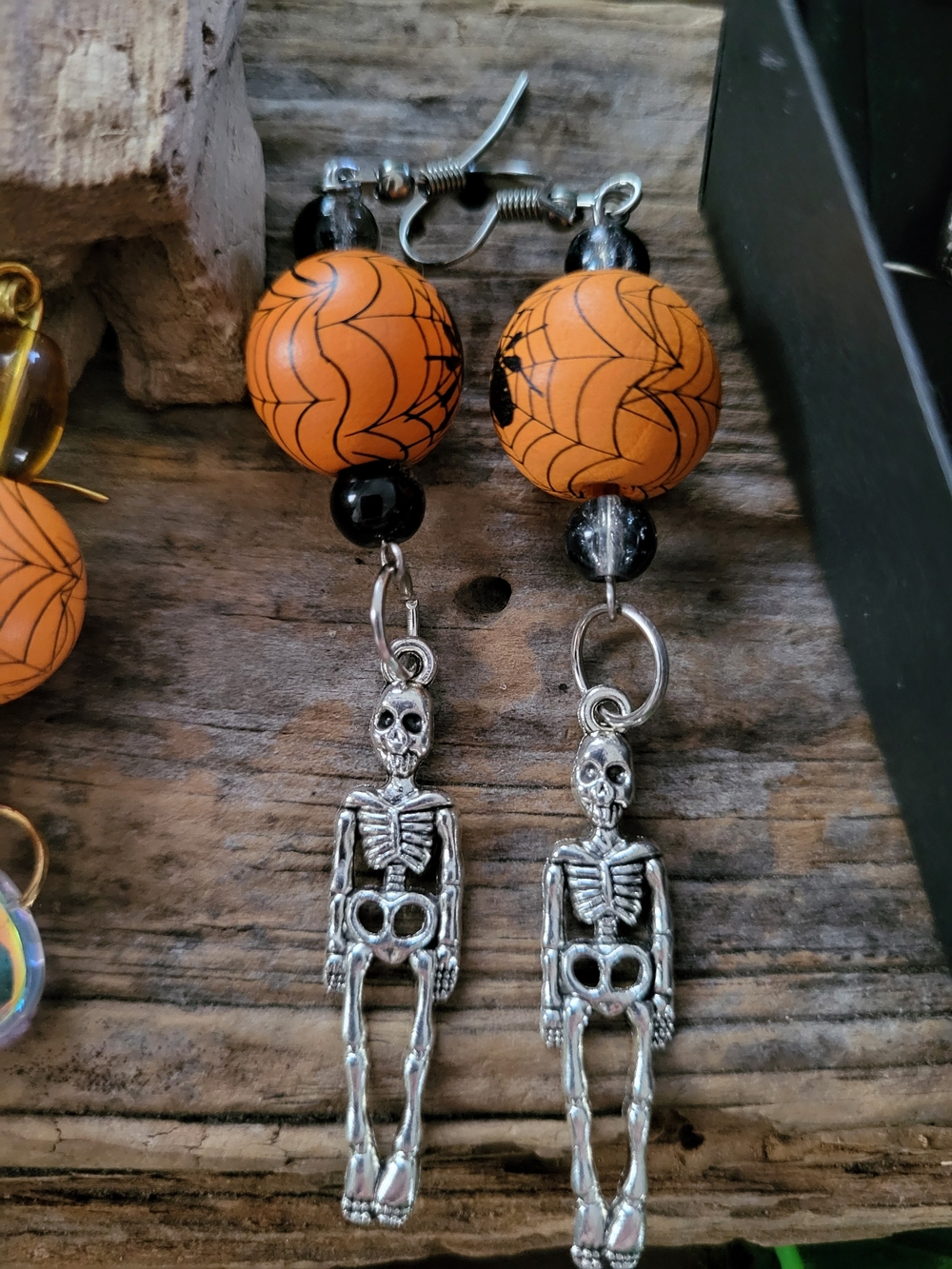 Halloween Orange and Black Skeleton Dangle Earrings